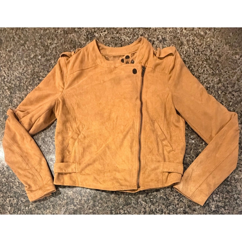 Papaya Womens Faux Suede‎ Moto Jacket Tan Camel Biker Asymmetric Zip S CJ20114